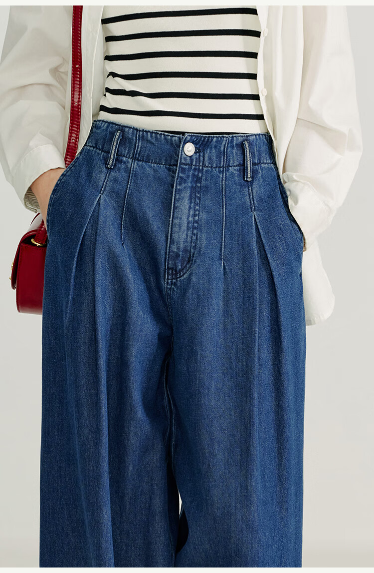 INMAN [Showroom Style] Linen Washed Frayed Wide-Leg Pants, Summer High-Waist Straight-Leg Trousers, Dark Denim Blue, Size 27 12