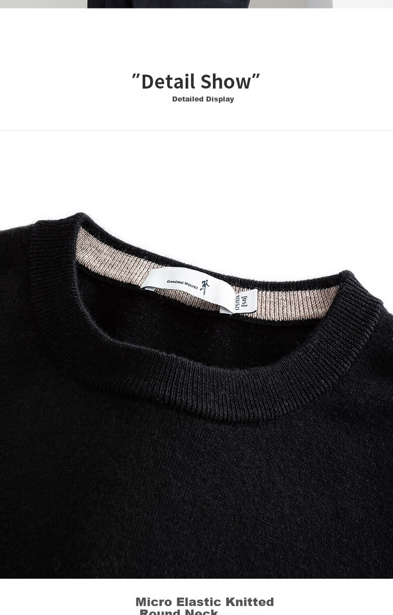 DANCING WOLVES [100% Merino Wool] Men's Fashionable Versatile Warm Casual Sweater, 001 Black, Size 165 12
