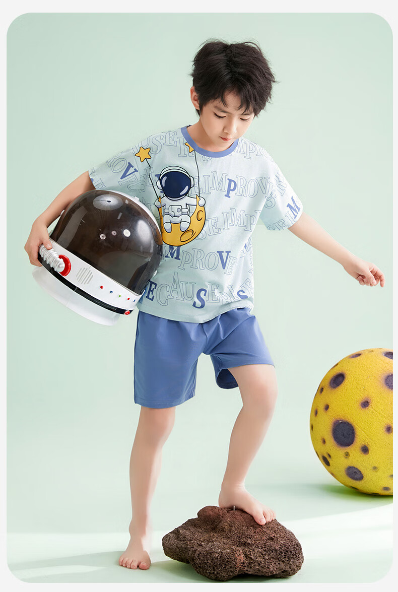 Fenteng Boys' Pajamas [Class A 7A Antibacterial] 100% Cotton Lightweight Children's Short Sleeve Air Conditioning Set 9