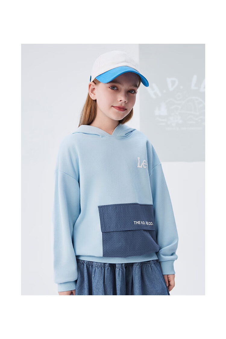 Lee Kids Children's Clothing, Color Block Faux Denim Print Retro Fashion Hoodie, Sky Blue, Size 140 10