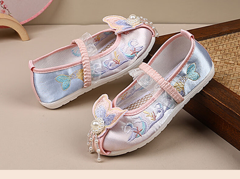 Romon Children's Embroidered Shoes Chinese Style Spring Autumn Tang Suit Performance Cloth Shoes Summer Hanfu Girls Shoes Pink Size 34 19