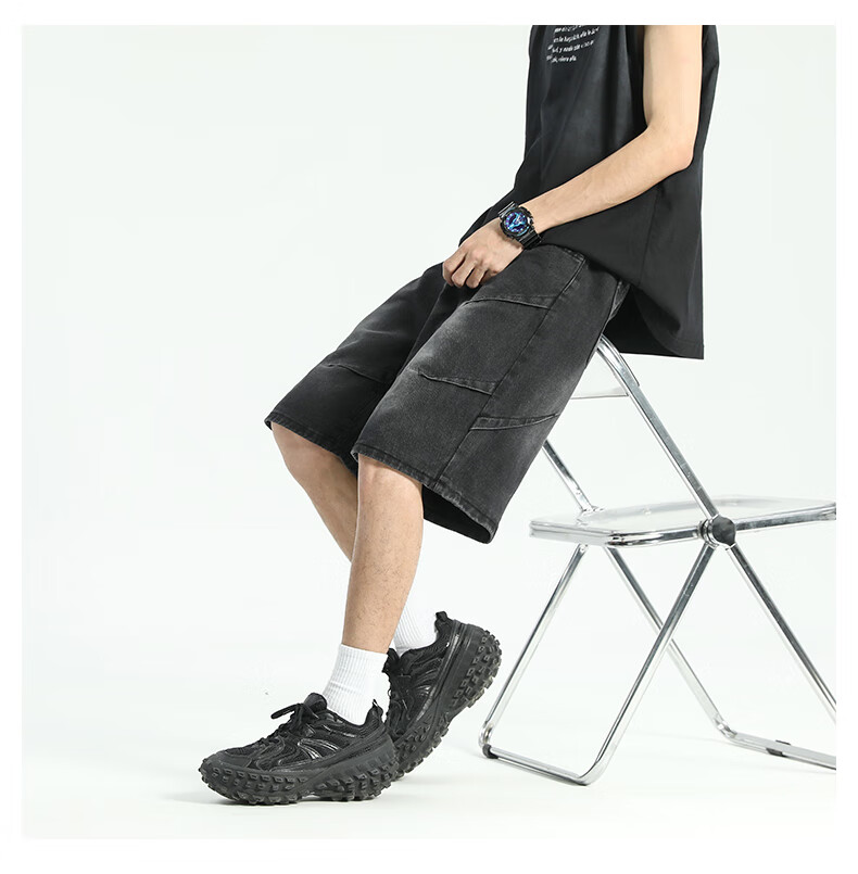 IZEXX American-Style Pleated Denim Shorts for Men, High Street Washed Vintage Loose Casual Five-Point Pants IZ029 Black 2XL 7