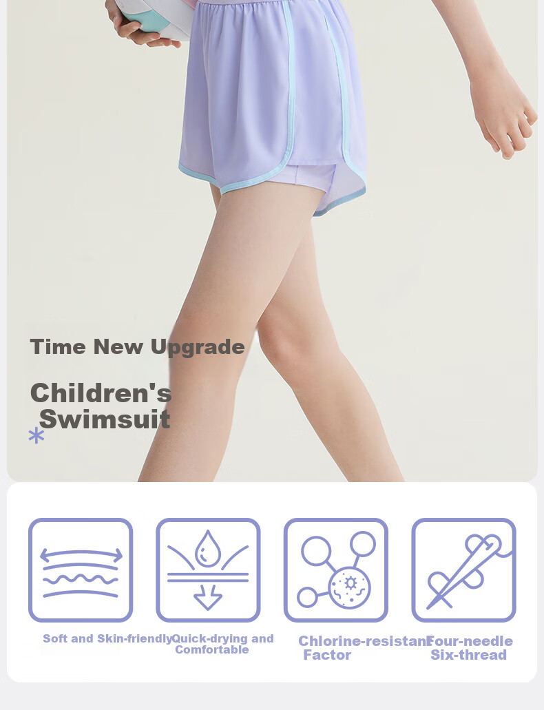 Li-Ning Children's Swimsuit, Girls' Color-Block Short-Sleeve One-Piece Swimwear, Conservative Casual Style, Swimming Costume 0051 Gray-Blue 140 2
