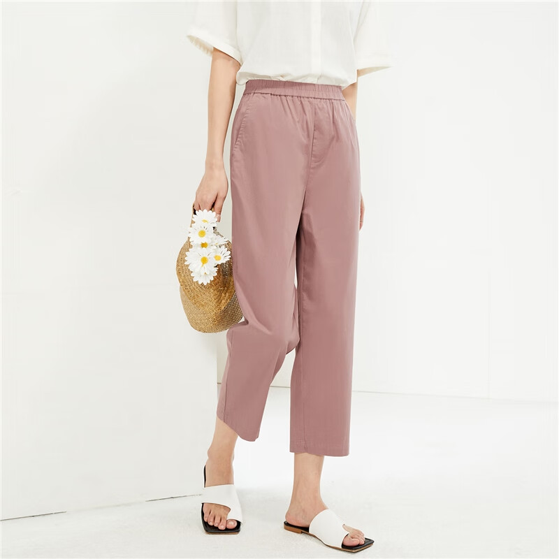 Giordano Women's Pants, New Summer 2026 Style, Pure Cotton Elastic Waist, Lightweight Casual Seven-Point Straight-Leg Trousers, 05425315