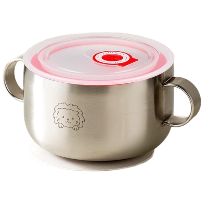 Onlycook Children's Complementary Food Bowl, Food-Grade 316L Stainless Steel Double-Handled Suction Cup Bowl with Lid, Baby Tableware - Little Lion 350ml