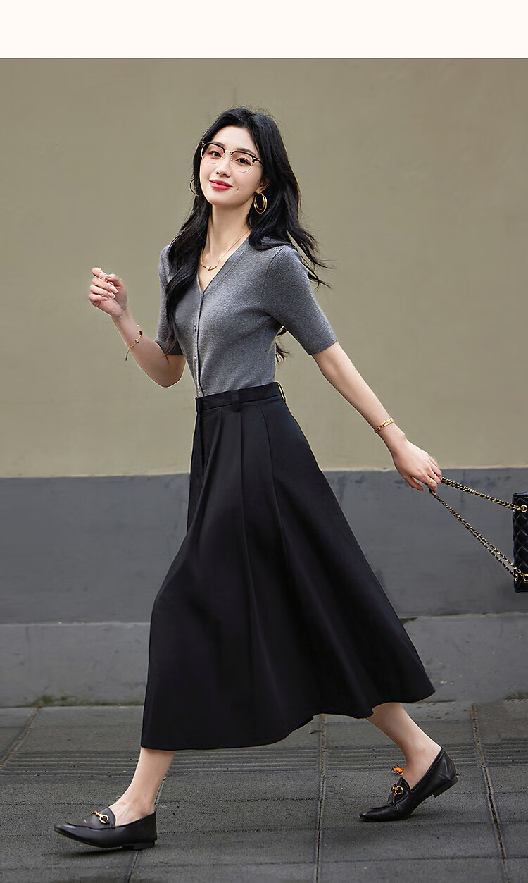 Dme [Containing Wool] Spring Elegant Faux Two-Piece Spliced V-Neck Short-Sleeve A-Line Bodycon Elegant Women's Dress 10