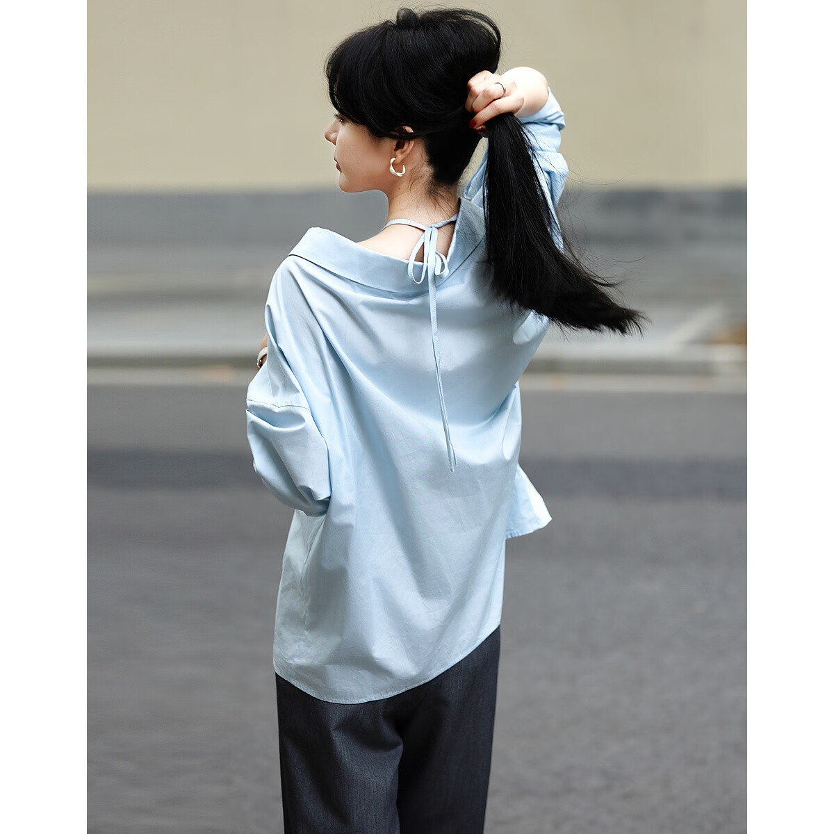 Dme [Pure Cotton Dominant Area] Spring And Autumn Korean-Style Slightly Chubby Pear-Shaped Shirt, Off-Shoulder, Tie-Waist, Concealing Shirt, Women's Top