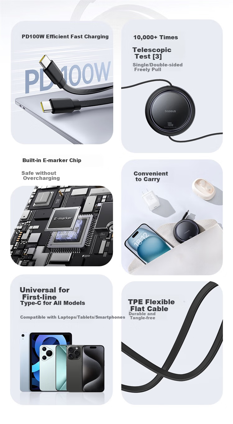 BASEUS Two-In Retractable Data Cable, Type-C to Dual USB-C Fast Charging Cable, Compatible with Apple 15/16/17/18, Xiaomi/Huawei, Car Phone Charger Cable 2