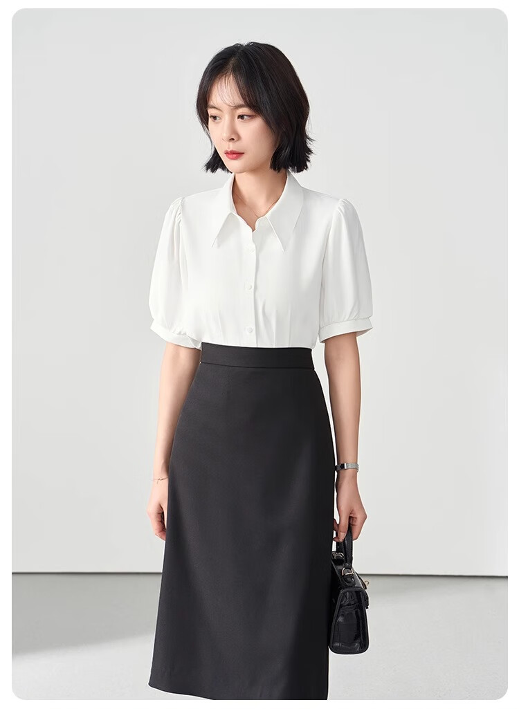 Bodexiaojie Blue Short-Sleeve Shirt for Women, Urban Daily Commute Outfit, Petite Chiffon Blouse, Interview Professional Shirt, Size S 14