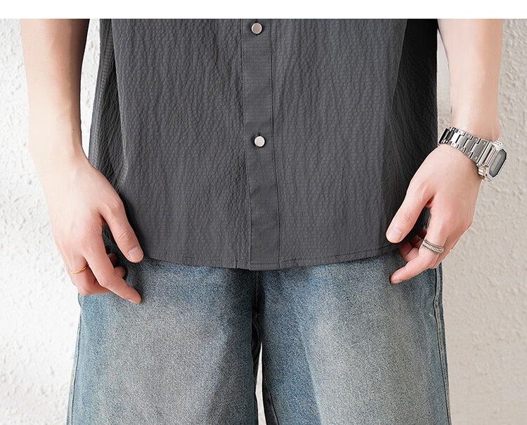 TonLion 2025 Summer Men's Lapel Front Chest Single Pocket Split Short-Sleeve Shirt 9