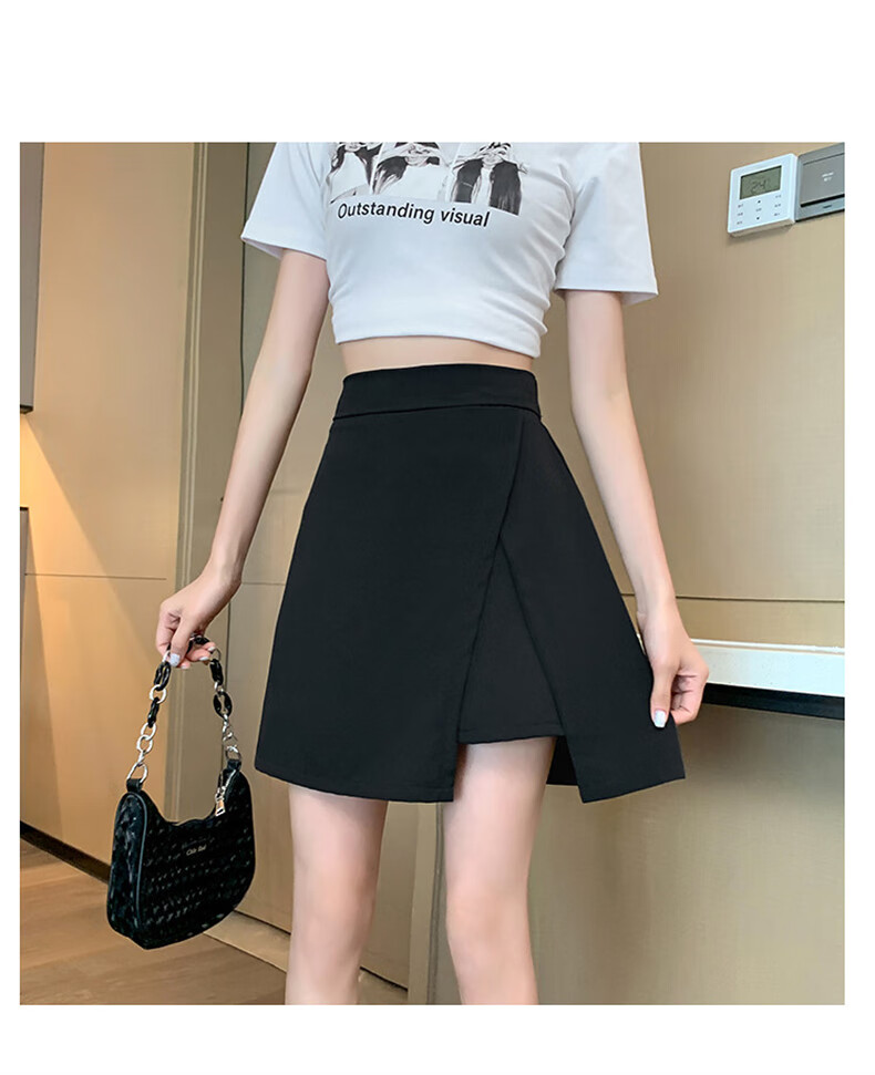 Langsha Women's High-Waist Asymmetric Slit Design Slim Fit A-Line Anti-Exposure Short Skirt Pants 16