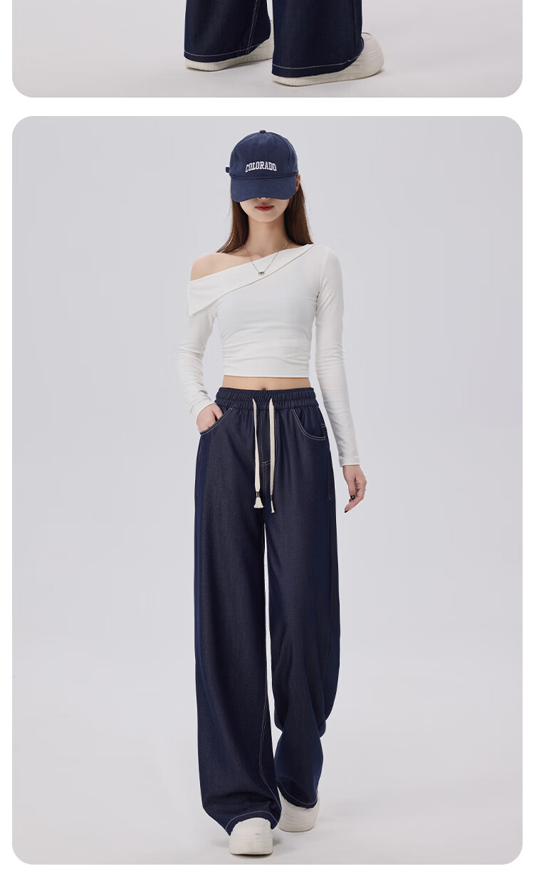 BOPRUIEY Faux Denim Straight-Leg Pants for Women, Lightweight And Flowy for Spring And Summer, High-Waisted Casual Pants with Elastic Waist, Slim-Fit Wide-Leg Trousers 14