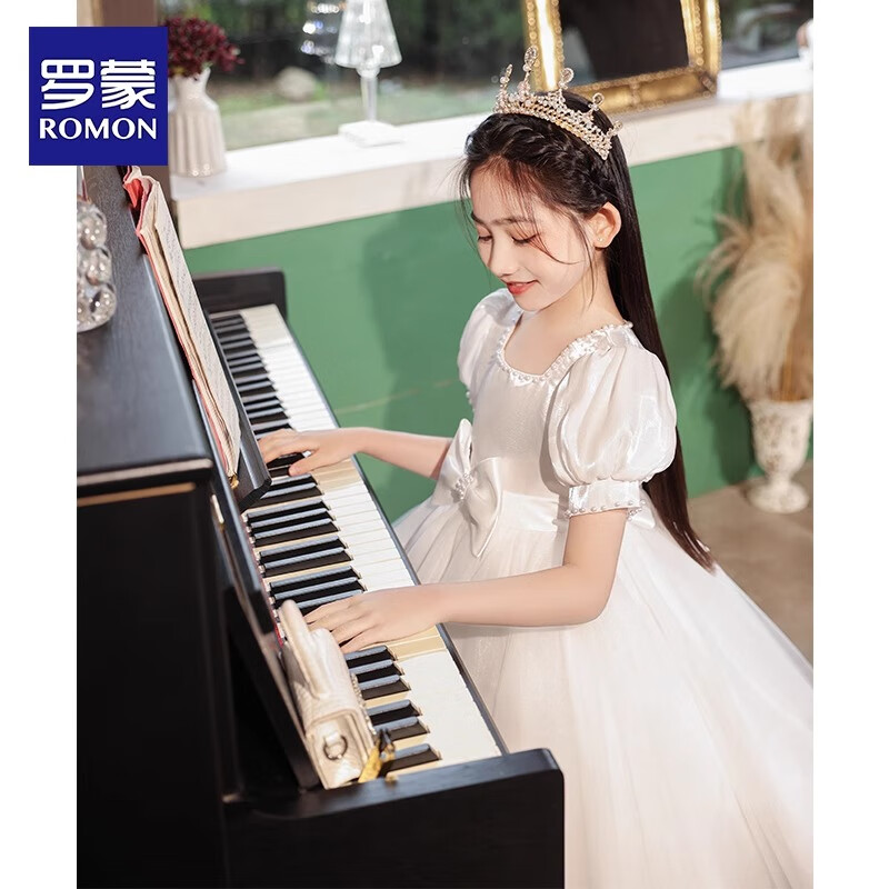 Romon Graduation Performance Host Girl's White Princess Dress Birthday Flower Girl Piano White 110