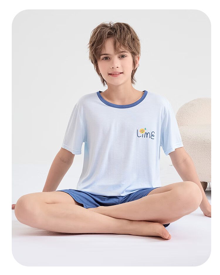 LangSha Children's Pajamas, Boys' Summer Thin Style, Baby Short-Sleeve Shorts, Air Conditioning Wear, for Older Children, Home Wear Set, Size 150 5