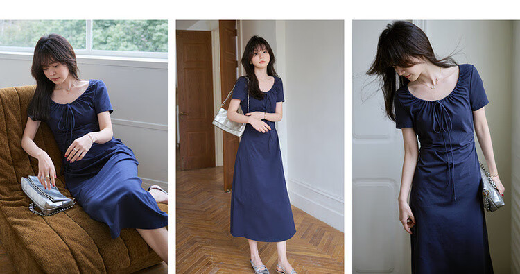 Dme [American College Style] Summer Simple Large U-Neck Tie Elastic Cotton Spandex Short-Sleeve A-Line Mid-Length Women's Dress 1