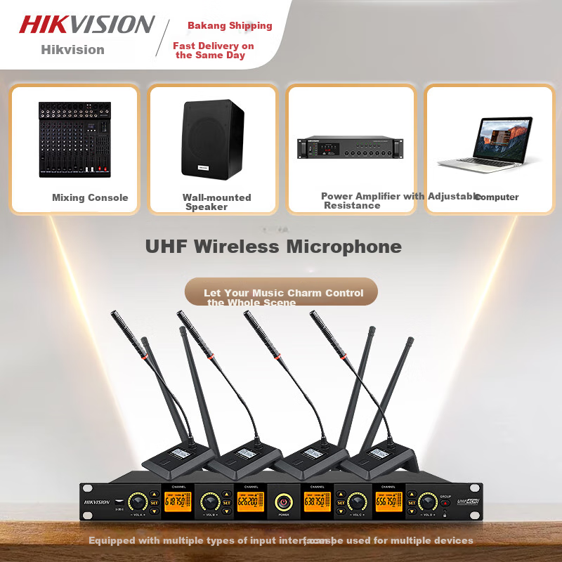 HIKVISION One-To Wireless Microphone, Desktop Long Pole Gooseneck Microphone, UHF High-Fidelity Anti-Interference Automatic Frequency Matching Anti-Loudness Conference Room Podium Speech Training Broadcasting
