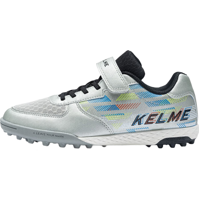 KELME Children's Soccer Cleats with TF Studs, Velcro, No-Tie Design, Non-Slip, Wear-Resistant, Metal Silver Black, Size 31