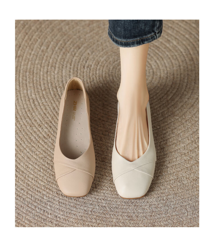 ZHR Women's Genuine Leather Vintage Casual Flats Soft Sole Low-Cut Shoes AH582 Beige Size 39 3