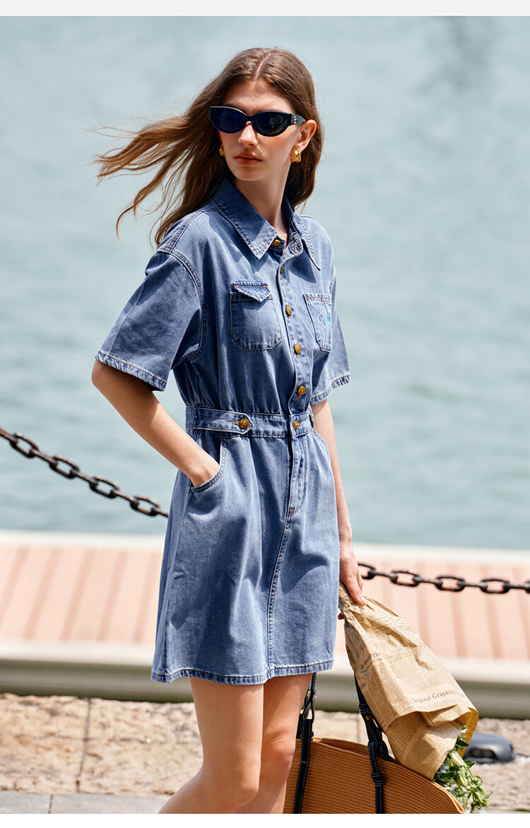 Olrain Short-Sleeve Denim Dress, Summer Women's Wear, Waist-Cinching Slimming Thin Commuter Dress, Light Blue, L 4