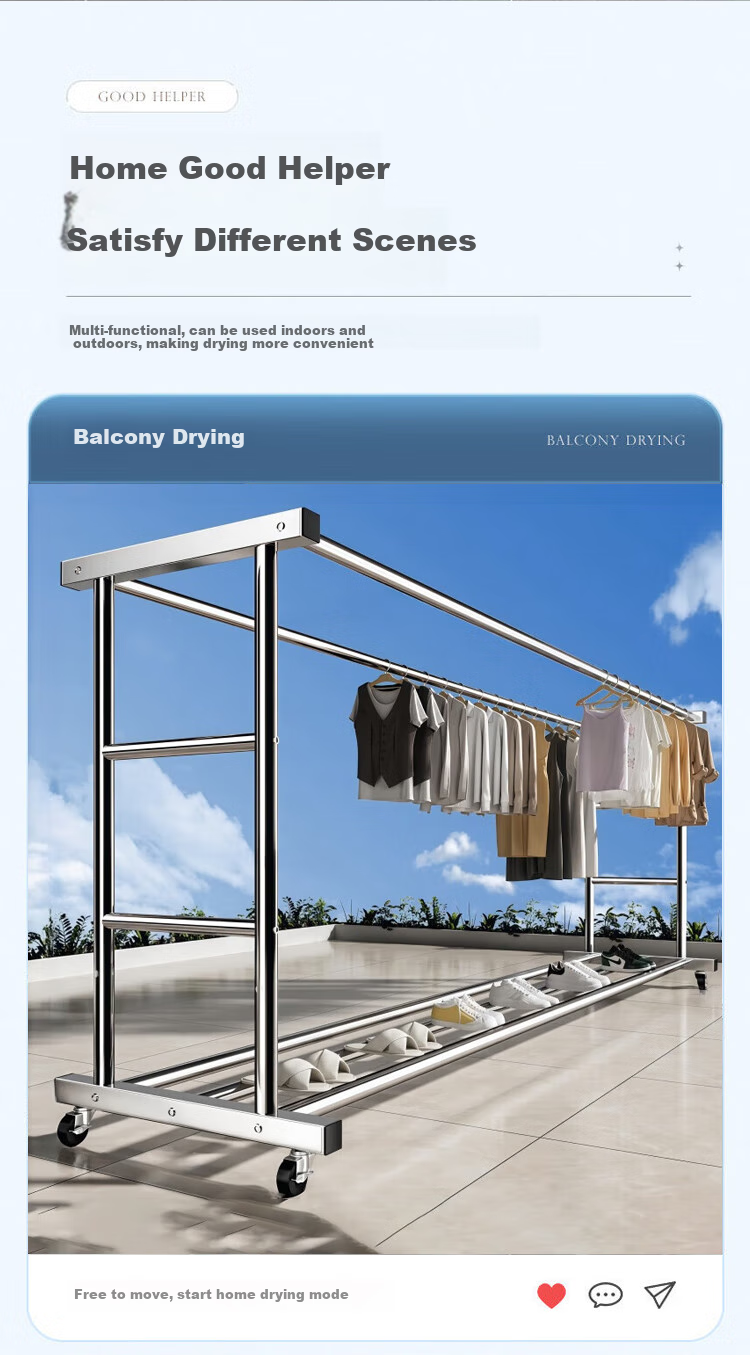 Haixifang Stainless Steel Clothes Drying Rack, Movable Outdoor Quilt Hanger, Double-Rod Single-Layer Shoe Rack, 1.5m 9