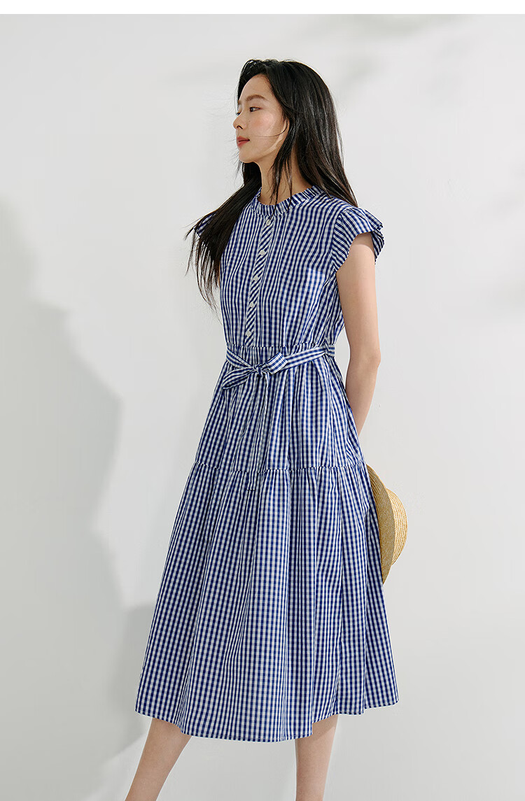 INMAN French Plaid Dress Summer Women's Versatile Puff Sleeve A-Line Skirt Navy Blue S 55