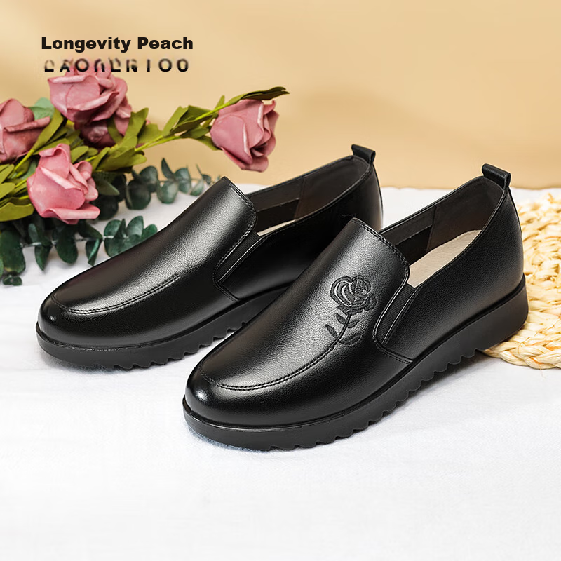 LAORENTOU Women's Flats Breathable Top-Grain Leather Round Toe Loafers for Middle-Aged Women And Mothers, Commuter Shoes, 220215N, Black, Size 40