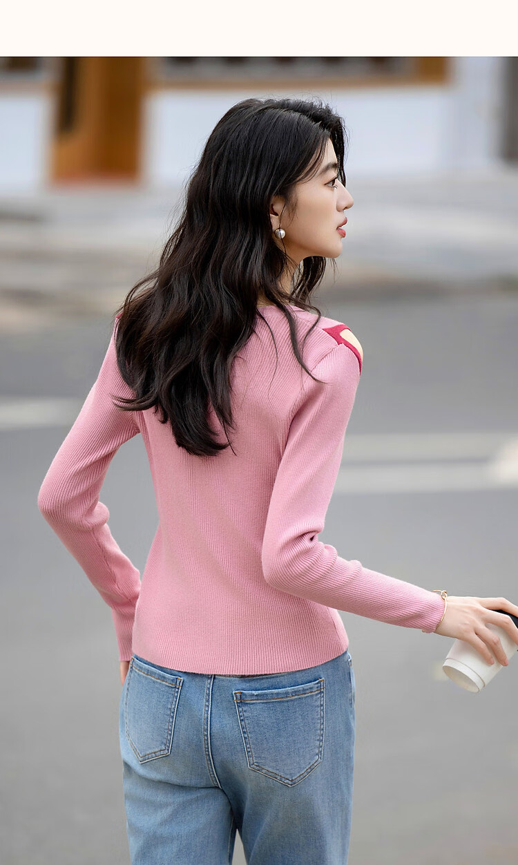 Dme [Soft Cloud Feel] Summer French Off-Shoulder V-Neck Sweater, Hollow-Out Contrasting Color Long-Sleeve Comfortable Knit Top for Wome 12