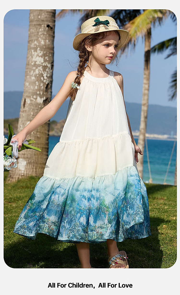 ASK JUNIOR Children's Summer Ink Wash Tie-Dye Dress Girls Vacation Style Spaghetti Strap Princess Dress 16