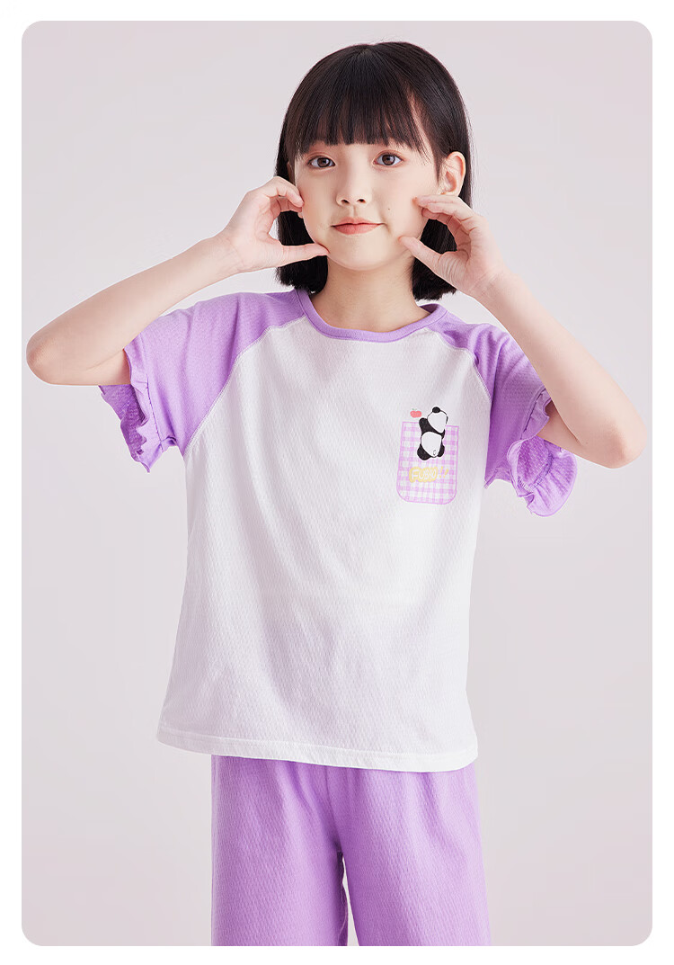 DEESHA Girls' Pajamas, Thin Mesh Antibacterial Pure Cotton Air Conditioning Wear, Short-Sleeve Loungewear, Purple Heart Panda Desig 1