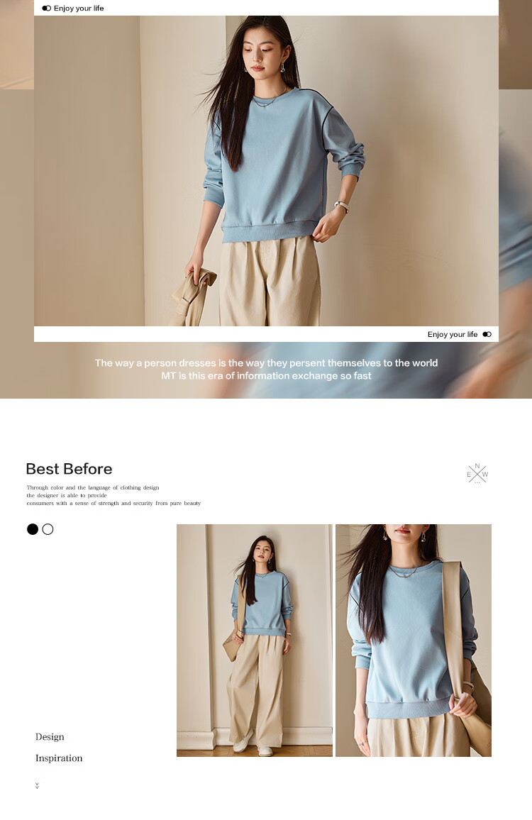 Mt Color-Block Stripe Spring Solid Fresh Simple Style Slightly Stretchy Fleece-Lined Thickened Versatile Warm Sweatshirt 2