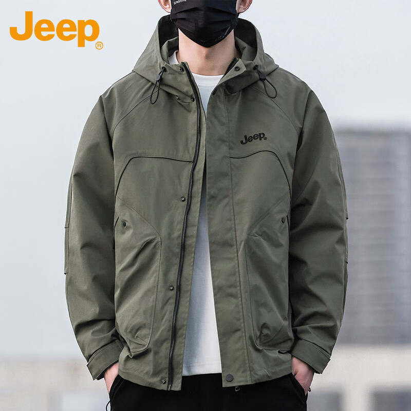 JEEP Men's Jacket, Spring And Autumn Windbreaker, Loose-Fitting Trendy Workwear Clothing for Men, Army Green, 3XL