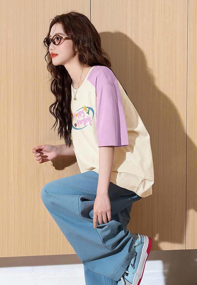 TonLion 2025 Summer Women's Raglan Sleeve Front Chest Print Short-Sleeve T-Shirt, S Apricot Color 1