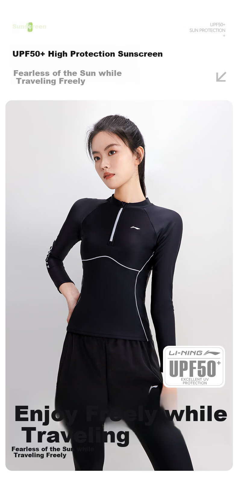 Li-Ning Women's Two-Piece Swimsuit with Long Sleeves And Pants, Diving And Surfing Suit, Hot Spring Equipment, Sun Protection Swimwear, 0522 Black L 2