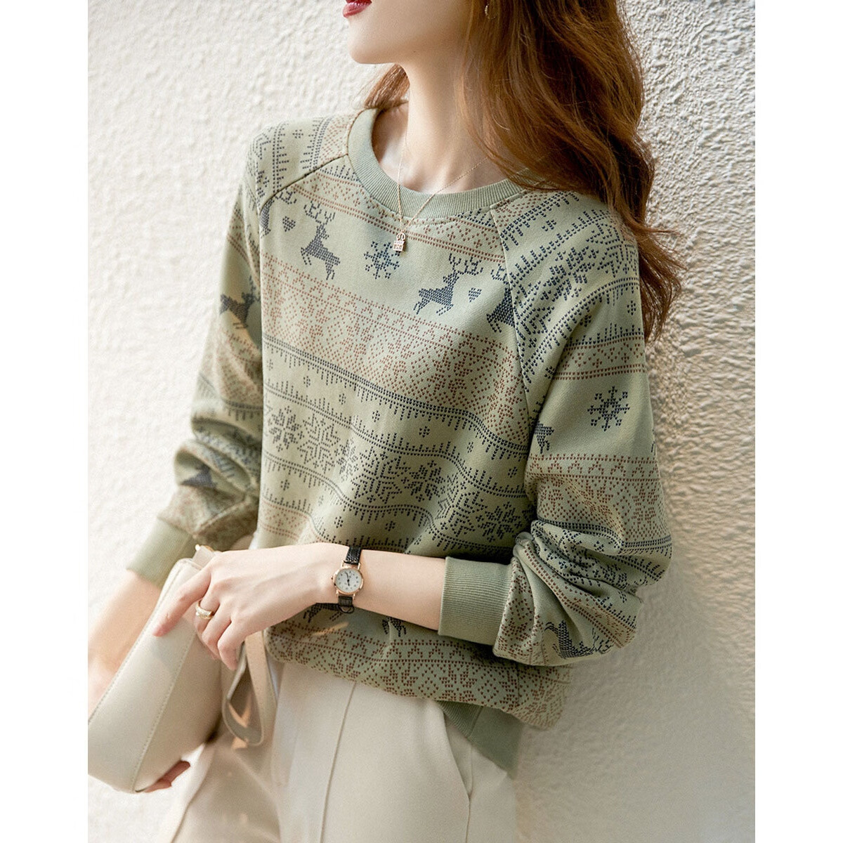 Demana [Forest Fawn] Lightweight Oxygen Cloud Cotton Ribbed Crewneck Printed Stretchy Long Sleeve Sweatshirt for Women