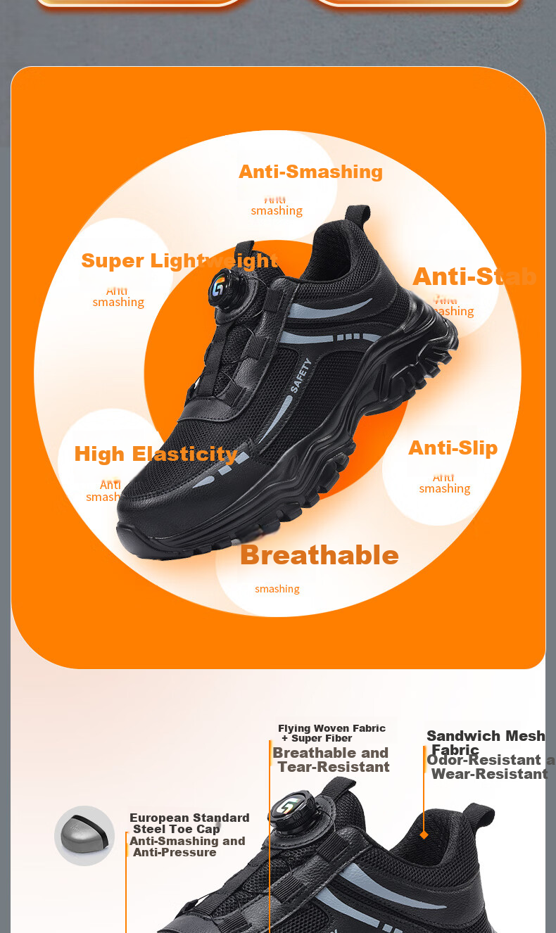 JUNBU Safety Shoes for Men with Steel Toe Cap, Anti-Smashing, Puncture-Resistant, Waterproof, Ultra-Light Soft Sole Construction Site Work Shoes F088 Size 42 5