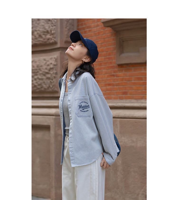 Dme [Breathable Denim] Spring American Retro Cloud-Feel Cotton Pocket Embroidered Lapel Loose Women's Denim Jacket 3