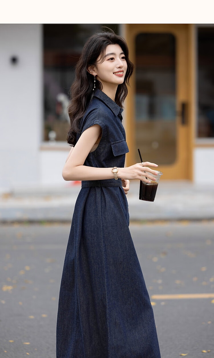 Demana [Goddess of Elegance] Summer Urban Turn-down Collar Patch Pocket Flap Sleeve Belted Mid-length Women's Denim Dress 11