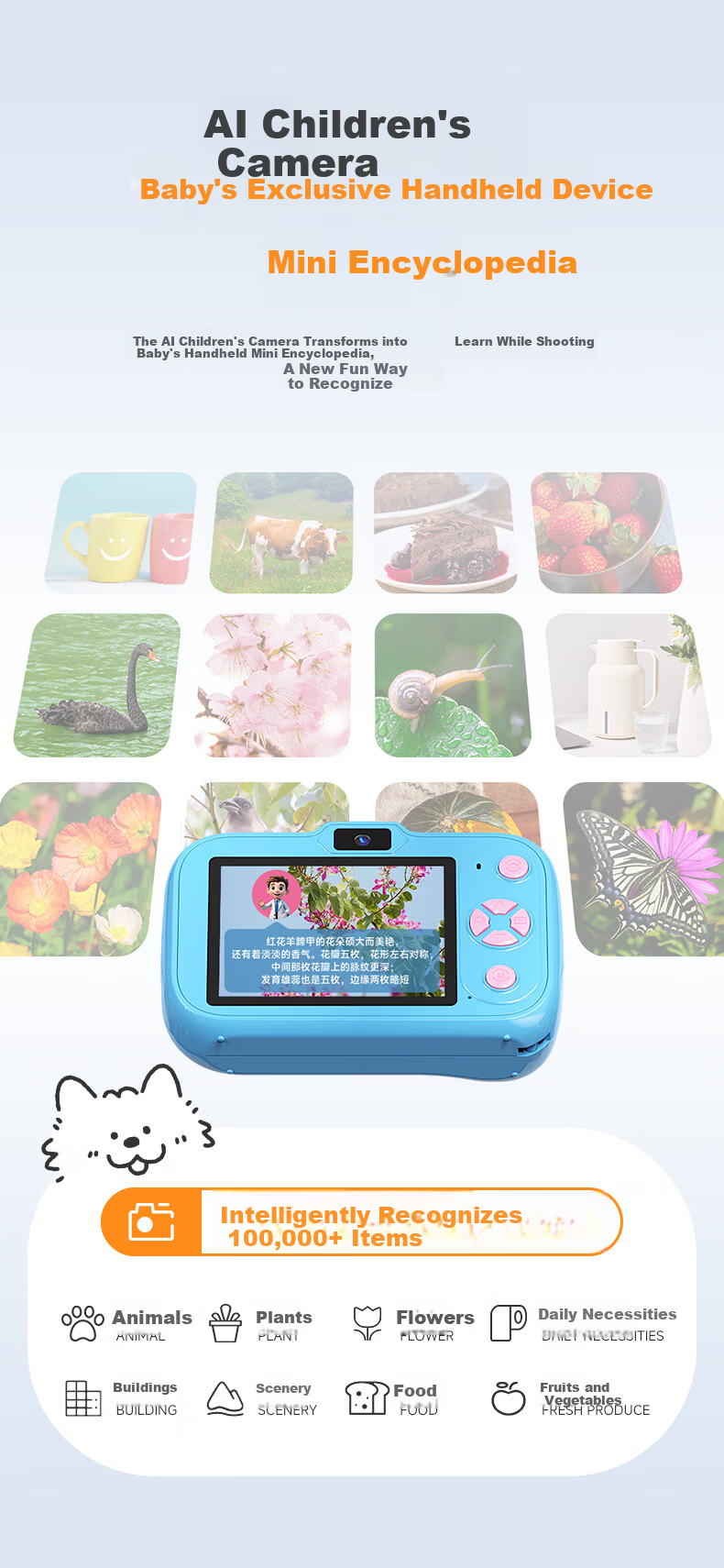 CAIZU 61 Children's Day Gift - A1 Kids Camera with Dual Front and Rear Lenses, Student Photo Recognition Early Education Learning Machine, AI Educational Dialogue Storytelling Camera 6