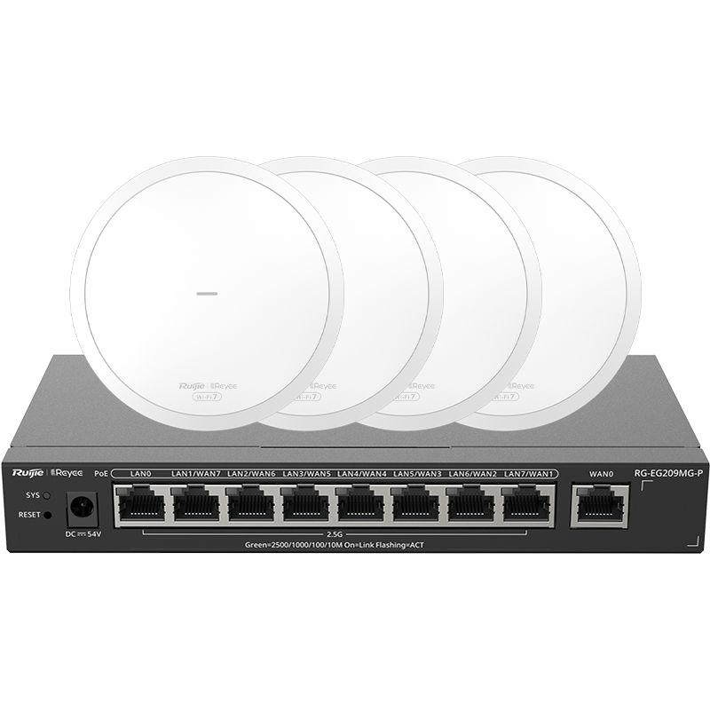 Ruijie WiFi7 2.5G Wireless AP Ceiling Mount Set, 3600M, 1-To Whole House Router AC+AP Networking, Large Apartment, RG-EG209MG+RG (MG)*4