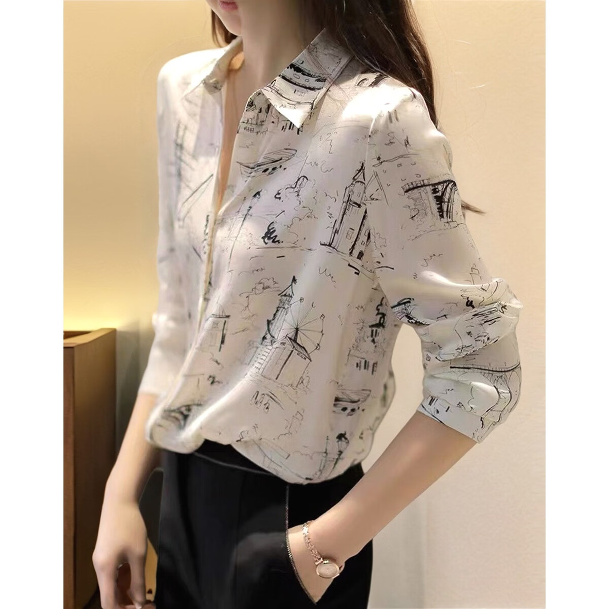 Dme [Cool Korean Style Goddess] Autumn French Collar Chiffon Printed Slimming Shirt Women's Top Spring