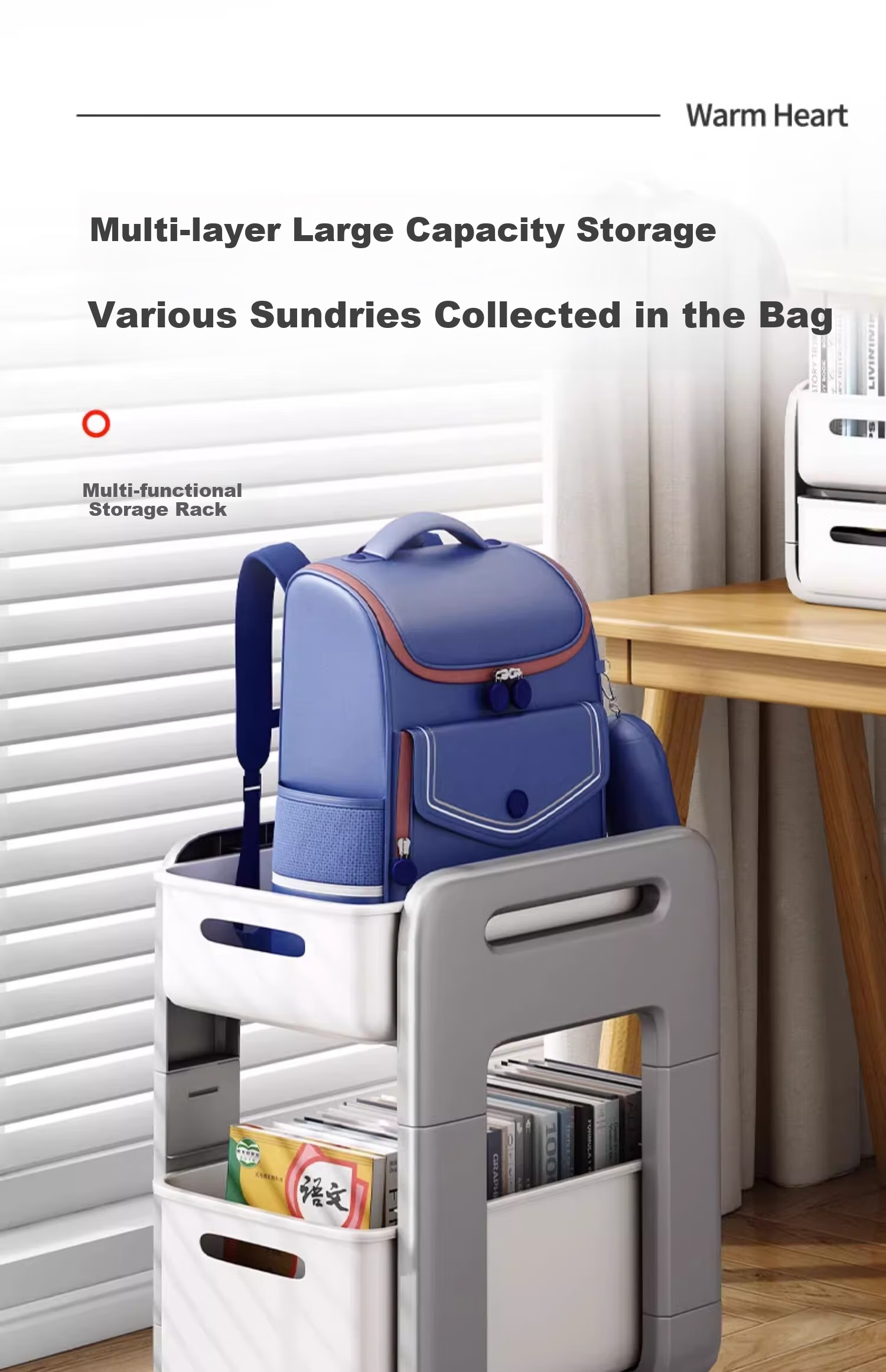 YOUQIN Backpack Storage Rack, Movable Cart, Book Organizer, Household Bookshelf, Under-Desk Wheeled Cabinet for Storing Schoolbags 1