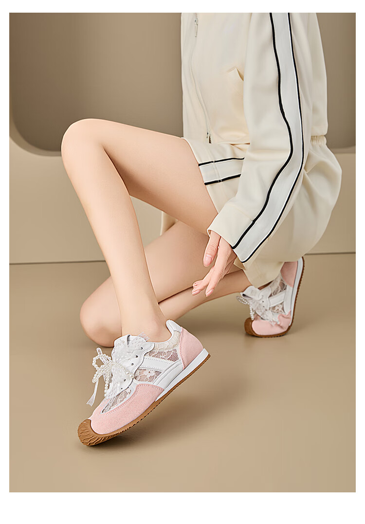 La Chapelle German Training Shoes Bow Mesh Shoes Autumn New Breathable Lightweight Sports Casual Versatile Sneakers Beige 37 6