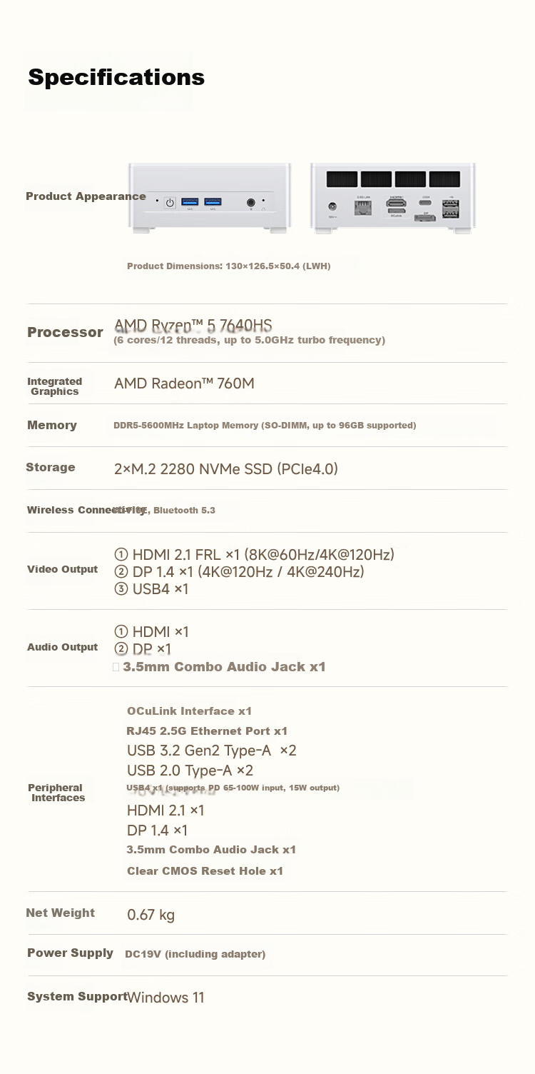 Mingfan New Product UM760 Plus Ryzen R5-7640HS Mini PC, High-Performance 2.5G Network Port, Compact Desktop Computer for Office And Gaming, Subsidy 15% 8
