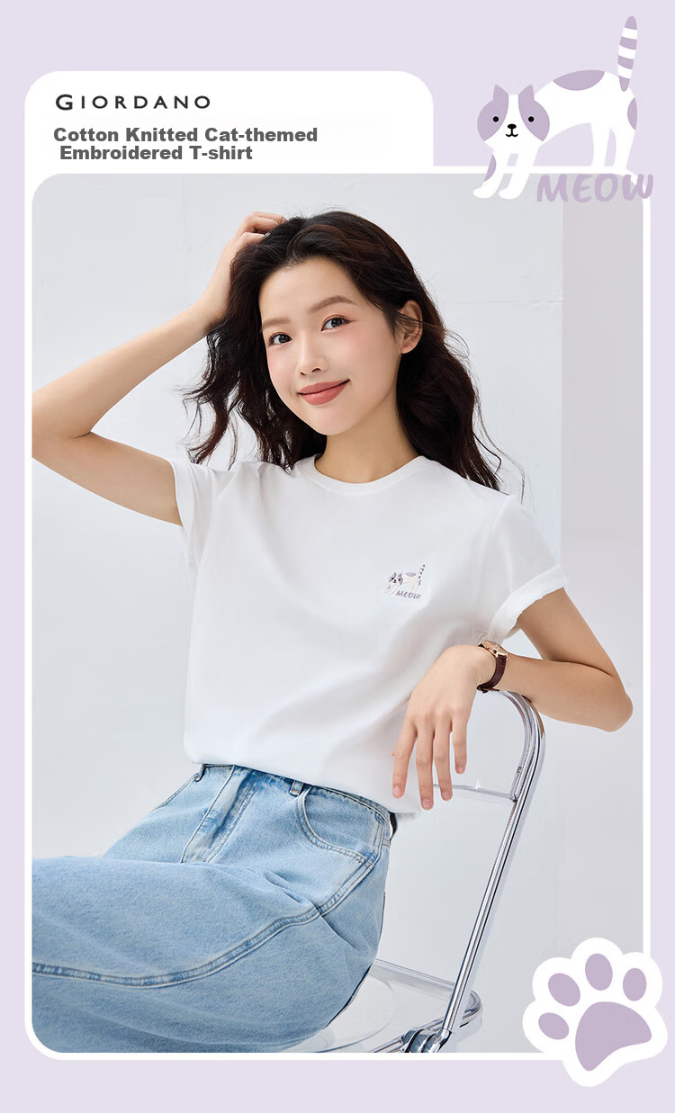 Giordano Women's Short-Sleeve T-Shirt, Pure Cotton, Cute Age-Reducing Cat Embroidery, Round Neck Casual Top, 13325327 3
