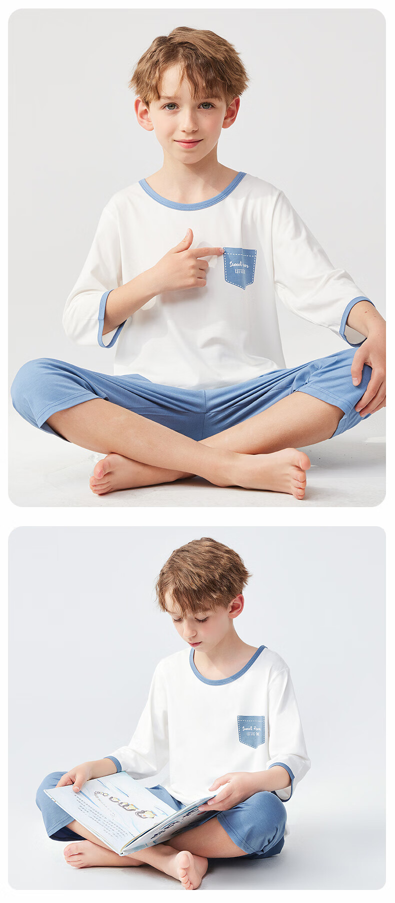 MiiOW Children's Pajamas, Boys' Short-Sleeve Set, Summer Modal Sleepwear for Older Kids, Happy Gesture Design, Size 170 3