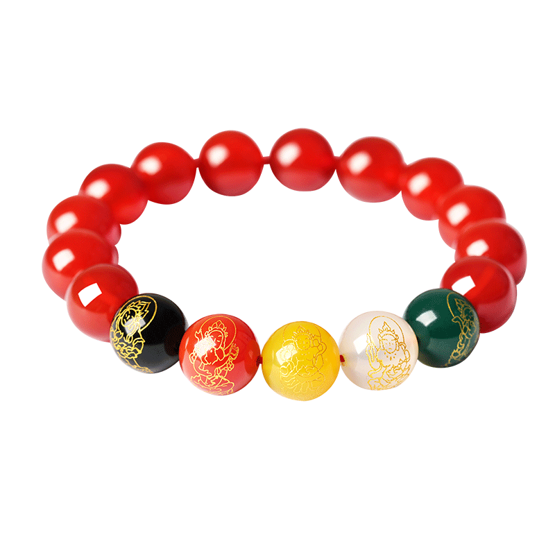 Jinshiling Natural Red Agate Bracelet Unisex Five-Way Wealth God Crystal Bracelet Zodiac Year Birthday Gift for Men and Women