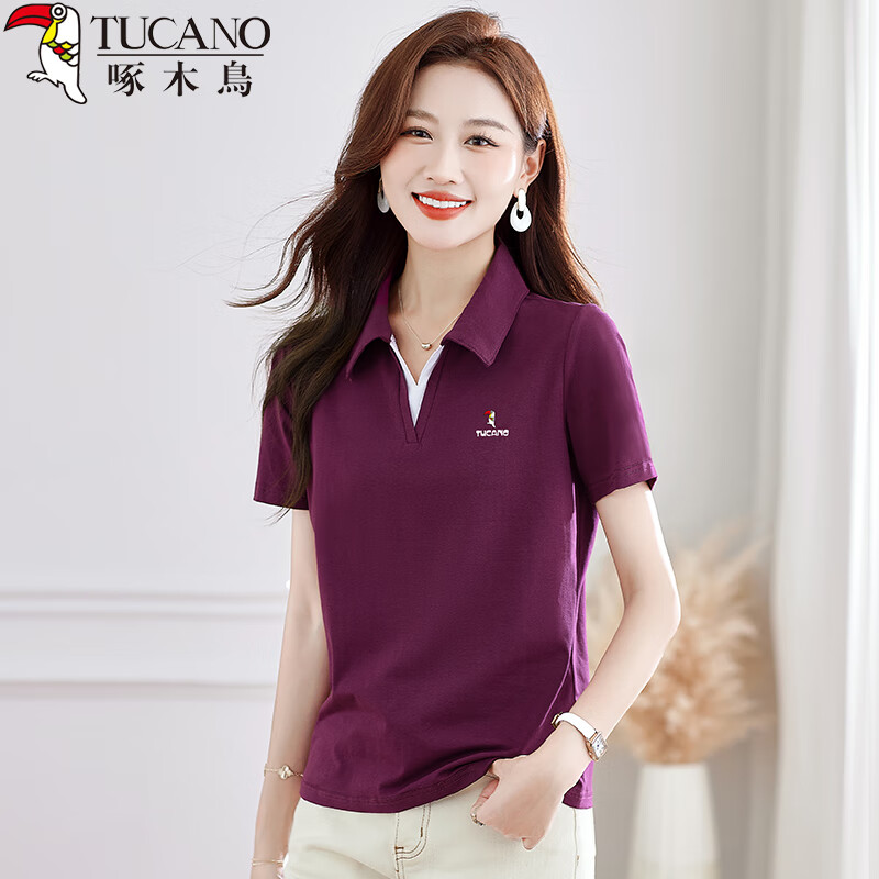 TUCANO Women's Short Sleeve T-Shirt Summer New V-Neck Polo Shirt Pure Cotton Slim Fit Sports Casual Top Purple Red M