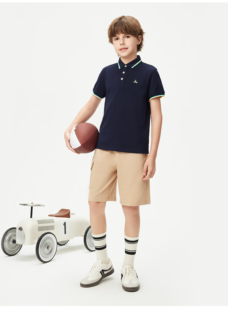 Navigare Boys' Polo Shirt, Children's Short-Sleeve T-Shirt, Student Sports Shirt, Antibacterial Breathable Summer Fresh Color-Block Top, Navy Blue, Size 150 12