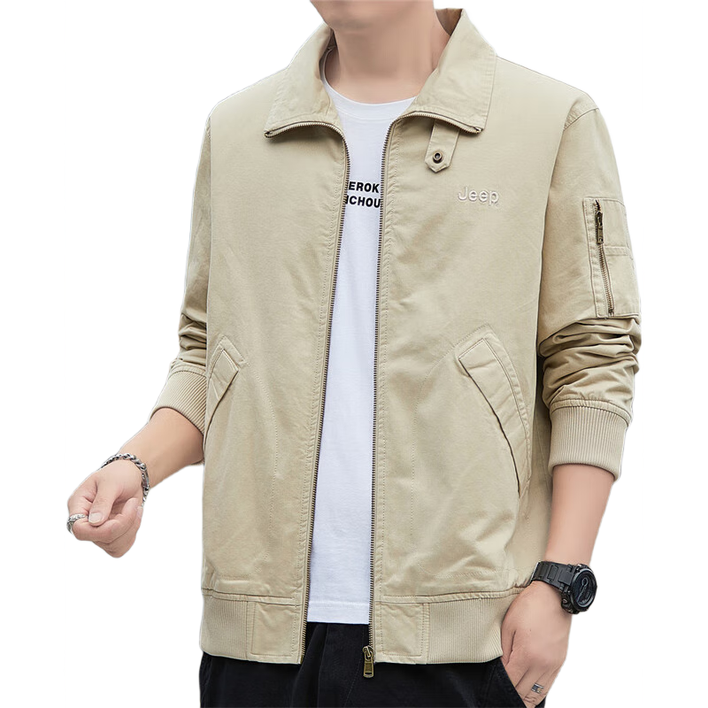 JEEP Men's Jacket, Spring And Autumn Workwear, Loose Casual Trendy Clothing, Apricot Color, Size L