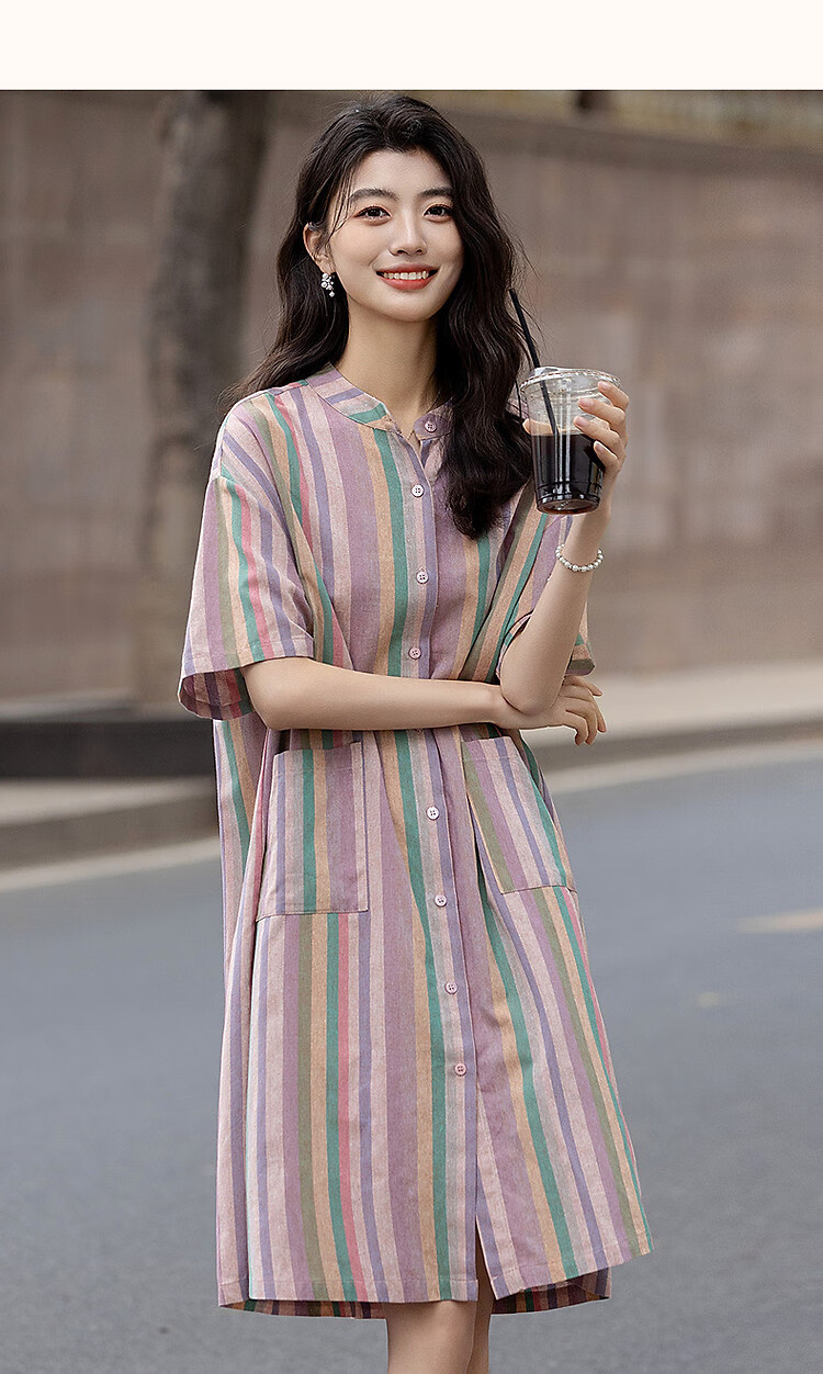 Dme [Healing Class Style] Summer Short Stand-Collar Cotton Lyocell Blend Short-Sleeve Loose Waist Mid-Length Women's Dress 9